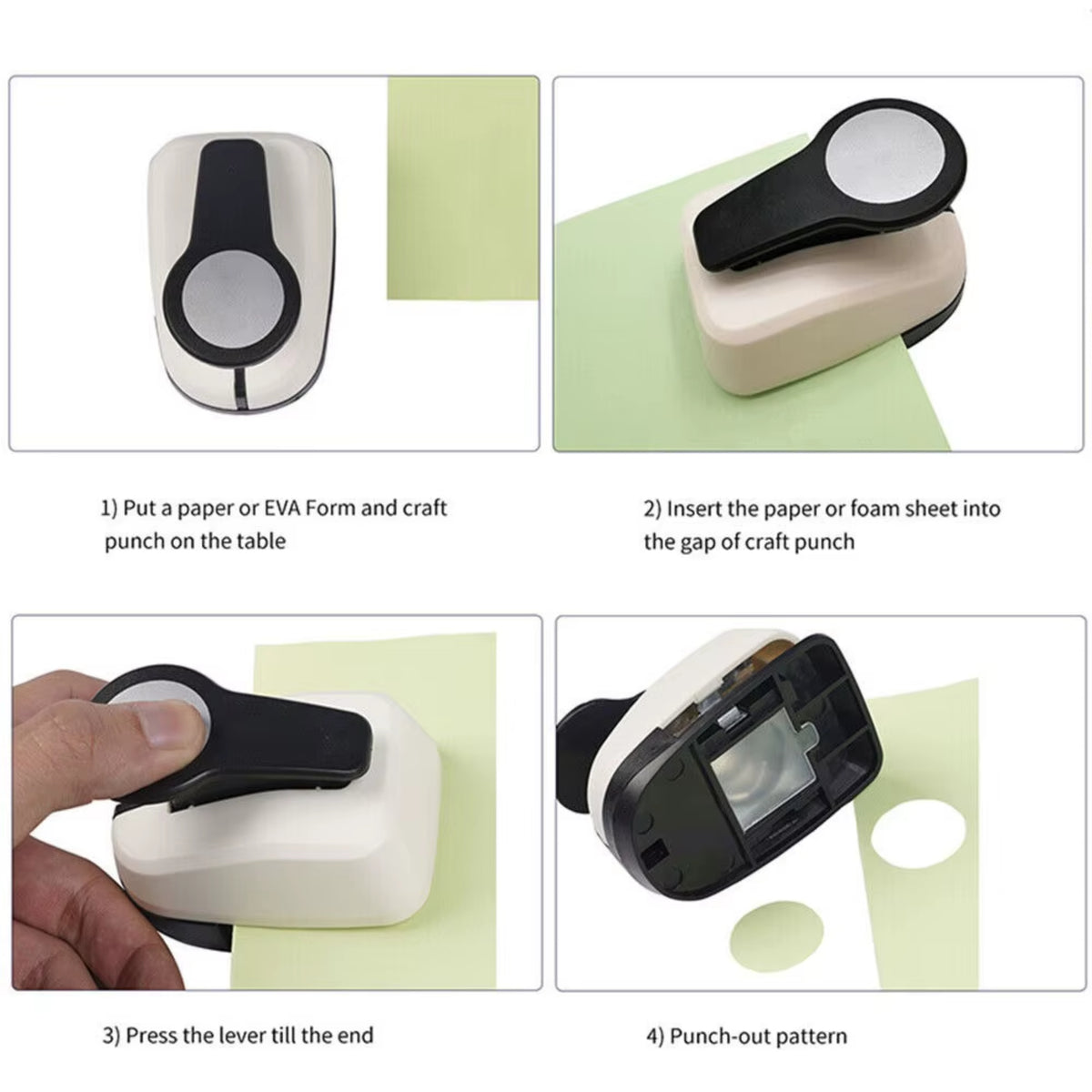 Lever-action circle hole punch with step-by-step photos of punching paper