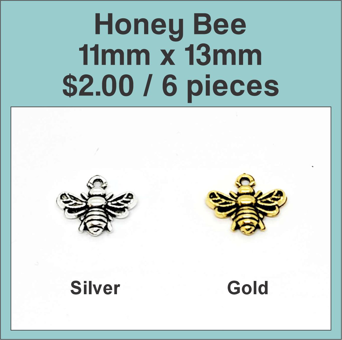 11 x 13mm honey bee charms shown in silver and gold on a labelled product card