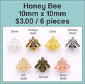 Chart of 10 x 10mm honey bee charms in silver, antique gold, gold, antique silver, KC gold, bronze and rose gold