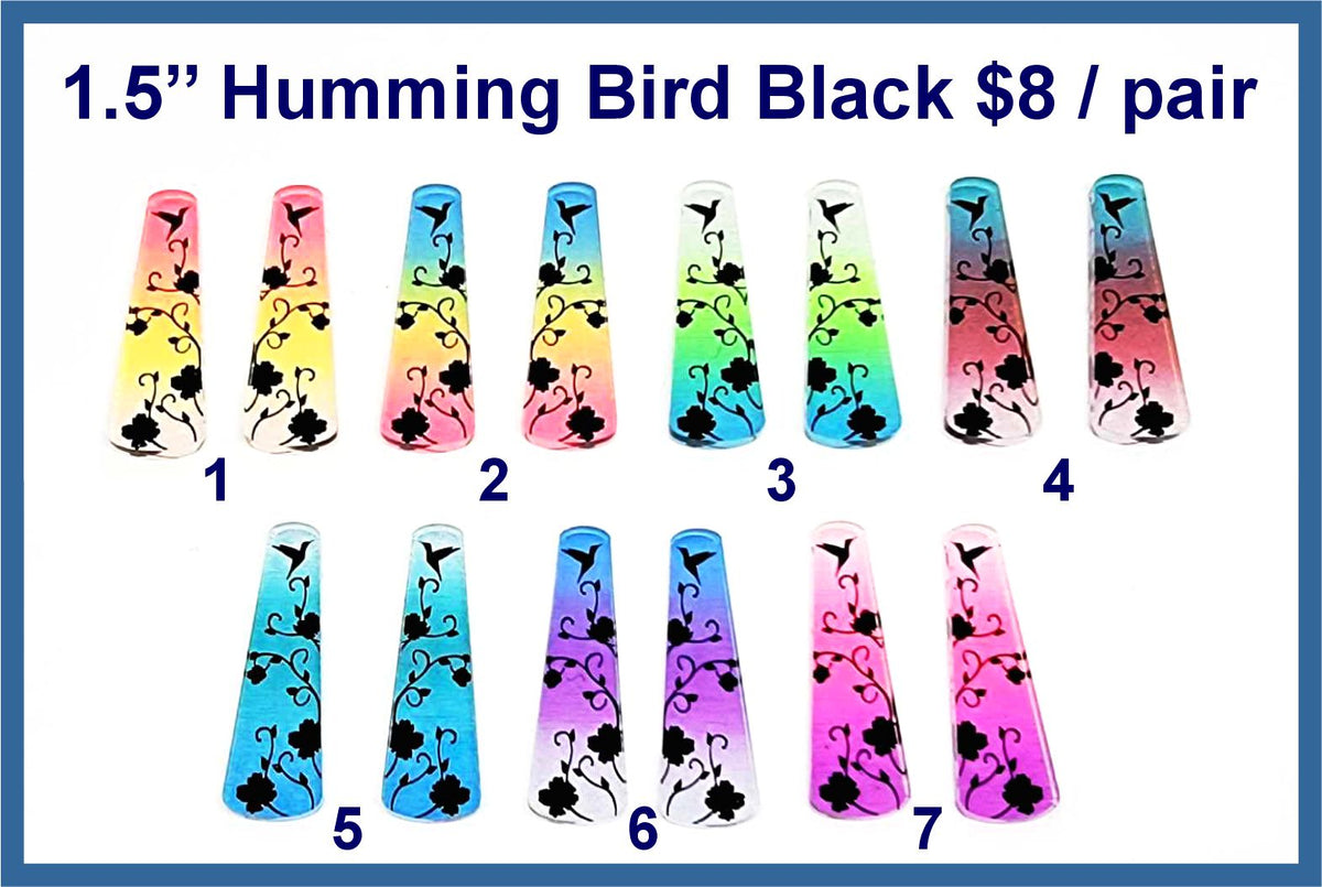 Black acrylic hummingbird trap cabochons, seven pairs with engraved flowers in ombre colours