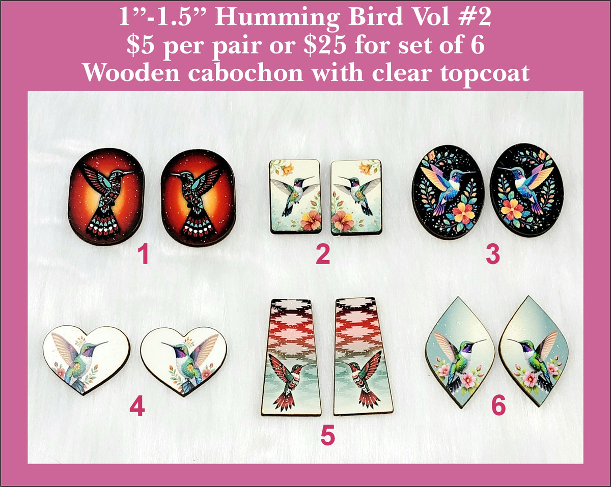 Six pairs of hummingbird cabochons (cabs) in oval, rectangle, heart and trapezoid shapes