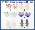 Six pairs of 1 to 1.25 inch mirror acrylic cabochons (cabs) with Indigenous lettering, hearts and feather designs