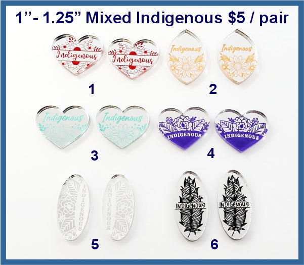 Six pairs of 1 to 1.25 inch mirror acrylic cabochons (cabs) with Indigenous lettering, hearts and feather designs