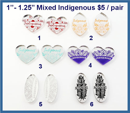 Six pairs of 1 to 1.25 inch mirror acrylic cabochons (cabs) with Indigenous lettering, hearts and feather designs