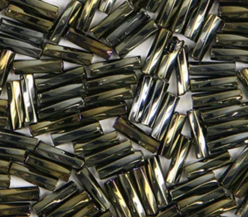 Close-up of loose twisted 6mm Preciosa Czech glass bugle beads in iris brown