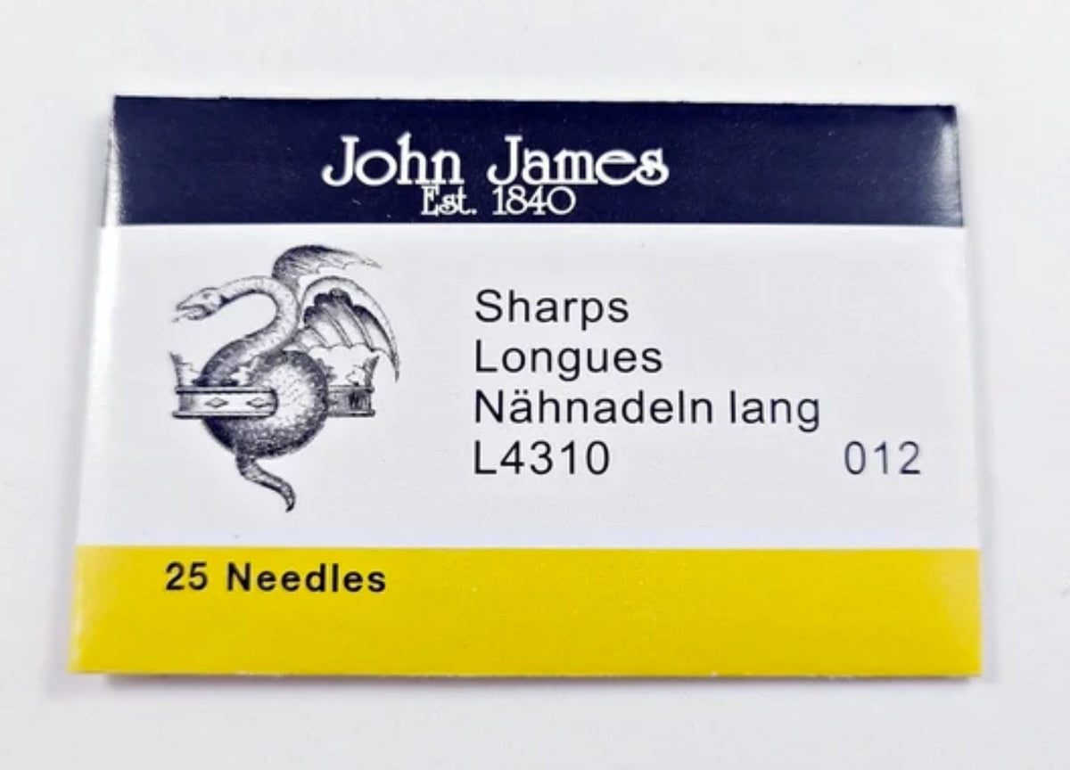 John James sharps beading needles package of 25, size 12 on a white background