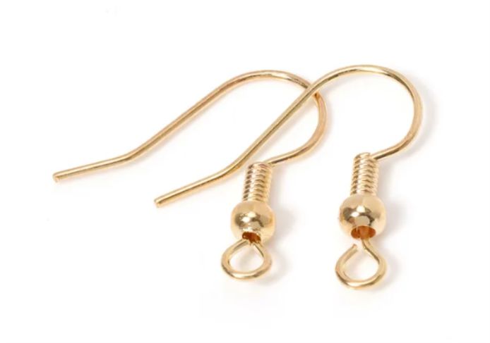 Pair of KC Gold shepherd earring hooks with coil and bead on a white background