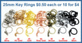Chart of 25mm split keyrings in eight metal colours, with a pile of mixed keyrings