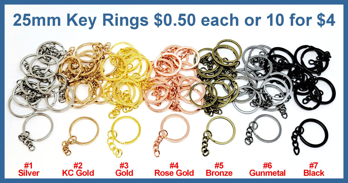 Chart of 25mm split keyrings in eight metal colours, with a pile of mixed keyrings