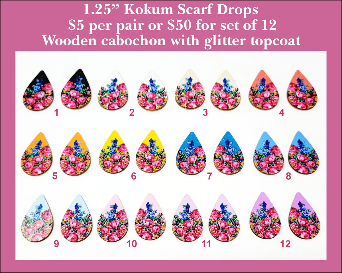 Twelve pairs of 1.25 inch kokum scarf drop cabochons (cabs) with pink roses on black, white and bright colours