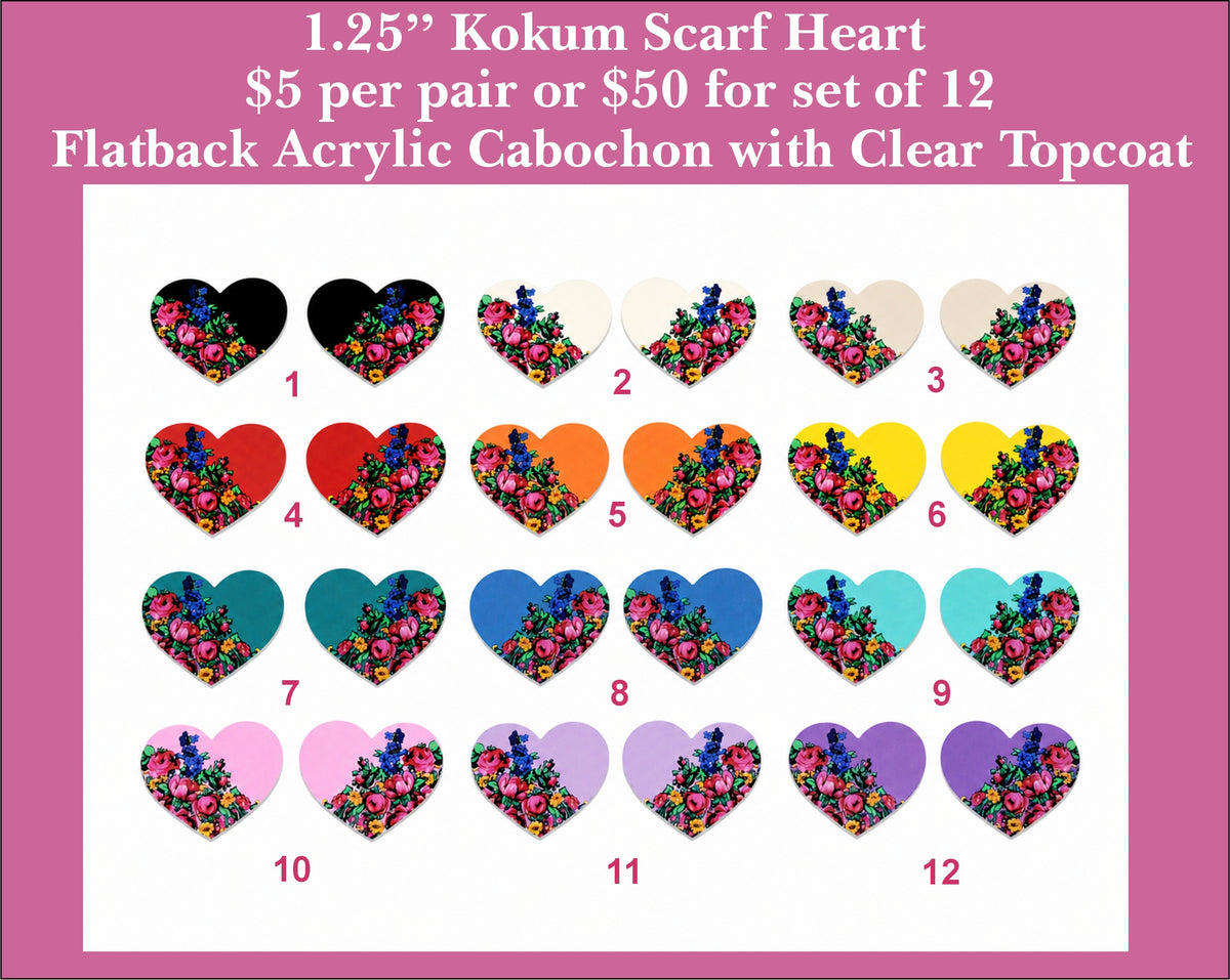 Twelve pairs of 1.25 inch UV-printed acrylic kokum scarf heart cabochons (cabs) with pink roses on 12 colours