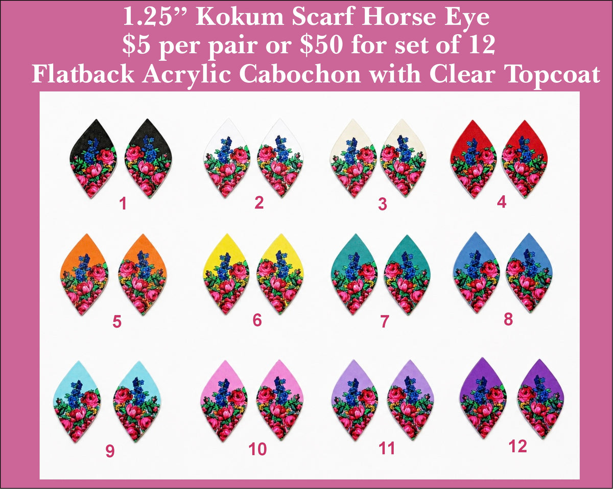 Twelve pairs of 1.25 inch UV-printed acrylic kokum scarf horse eye cabochons (cabs) with pink roses on 12 colours