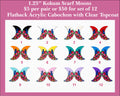 Twelve pairs of 1.25 inch UV-printed acrylic kokum scarf moon cabochons (cabs) with pink roses on 12 colours