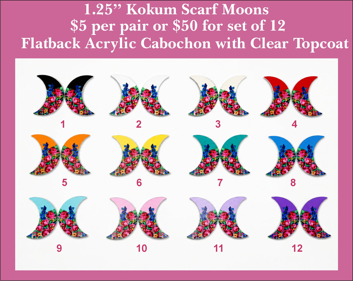 Twelve pairs of 1.25 inch UV-printed acrylic kokum scarf moon cabochons (cabs) with pink roses on 12 colours