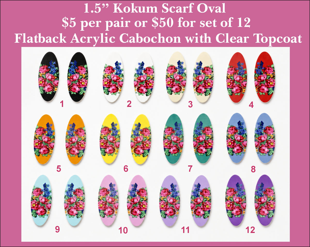 Twelve pairs of 1.5 inch UV-printed acrylic kokum scarf oval cabochons (cabs) with pink roses on 12 colours