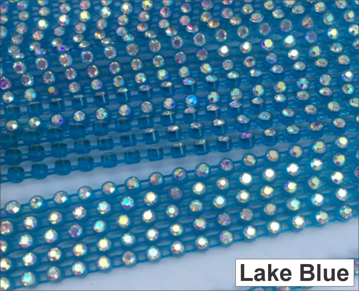Close-up of rows of ss6 plastic cup rhinestone banding in lake blue with AB crystal stones