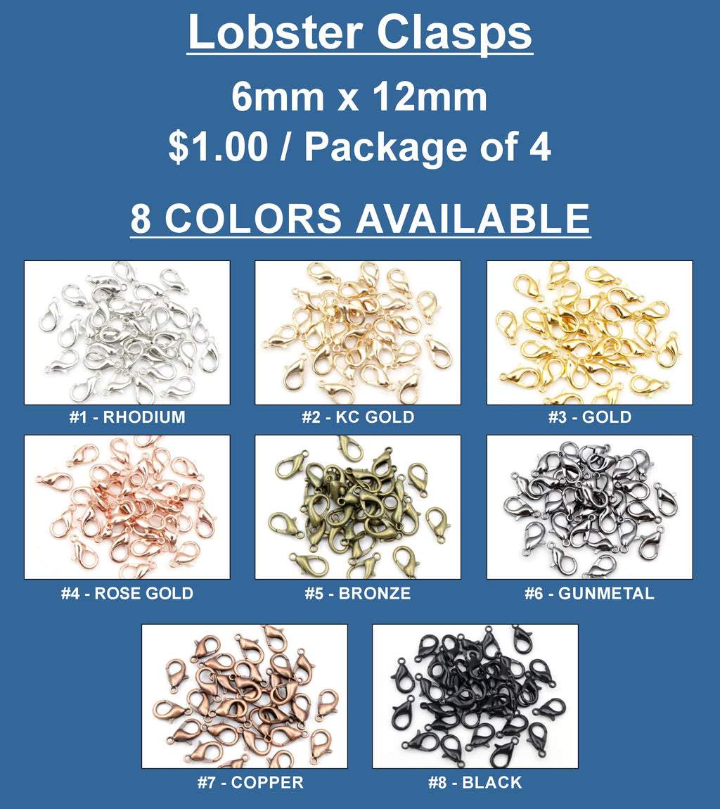 Chart of 6 x 12mm lobster clasps in eight colours, sold in packages of 4