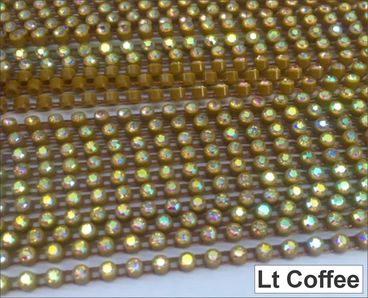 Close-up of rows of ss6 plastic cup rhinestone banding in light coffee with AB crystal stones