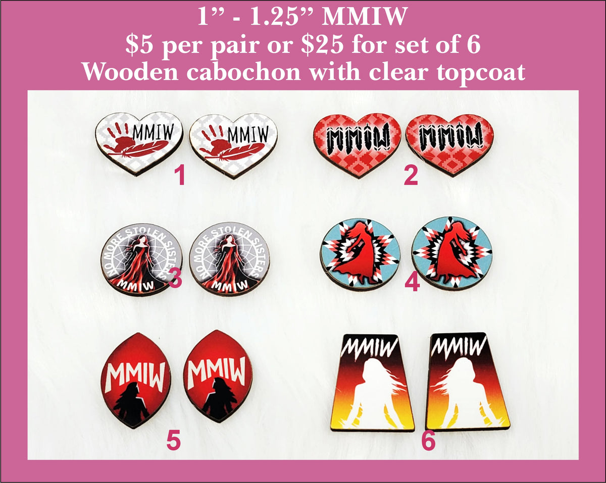 Six pairs of 1 to 1.25 inch MMIW cabochons (cabs) with hearts, handprints, a woman's silhouette and MMIW text