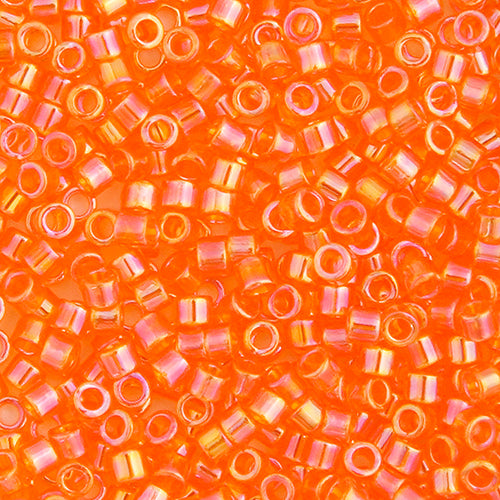 Close-up of Miyuki Delica 11/0 DB0855 cylinder beads in matte transparent tangerine with an AB rainbow finish