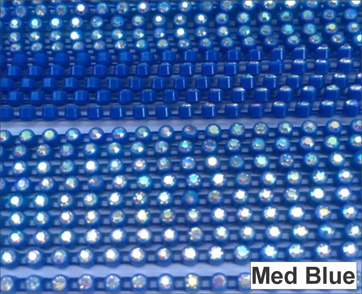 Close-up of rows of ss6 plastic cup rhinestone banding in medium blue with AB crystal stones