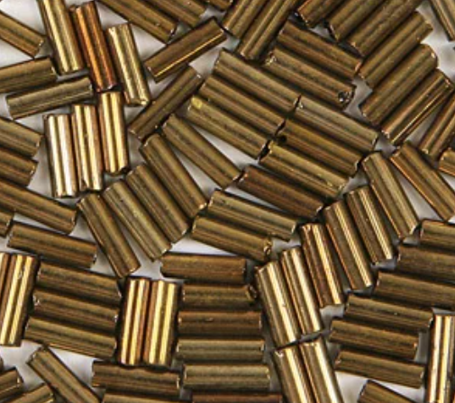 Close-up of loose 6mm Preciosa Czech glass bugle beads in metallic bronze