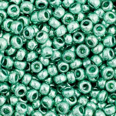 Close-up of Preciosa 11/0 Czech glass seed beads in metallic green