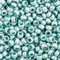 Close-up of Preciosa 11/0 Czech glass seed beads in metallic light teal solgel