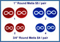 Four pairs of round Métis acrylic cabochons (cabs) in red and blue with a white infinity symbol, in 1 and 3/4 inch sizes