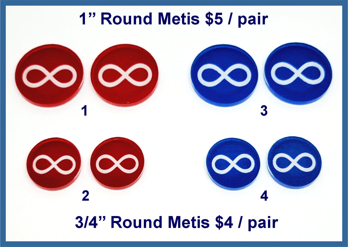 Four pairs of round Métis acrylic cabochons (cabs) in red and blue with a white infinity symbol, in 1 and 3/4 inch sizes