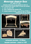 Wooden miniature jewelry rack with a banner and hangers, shown in a feature collage