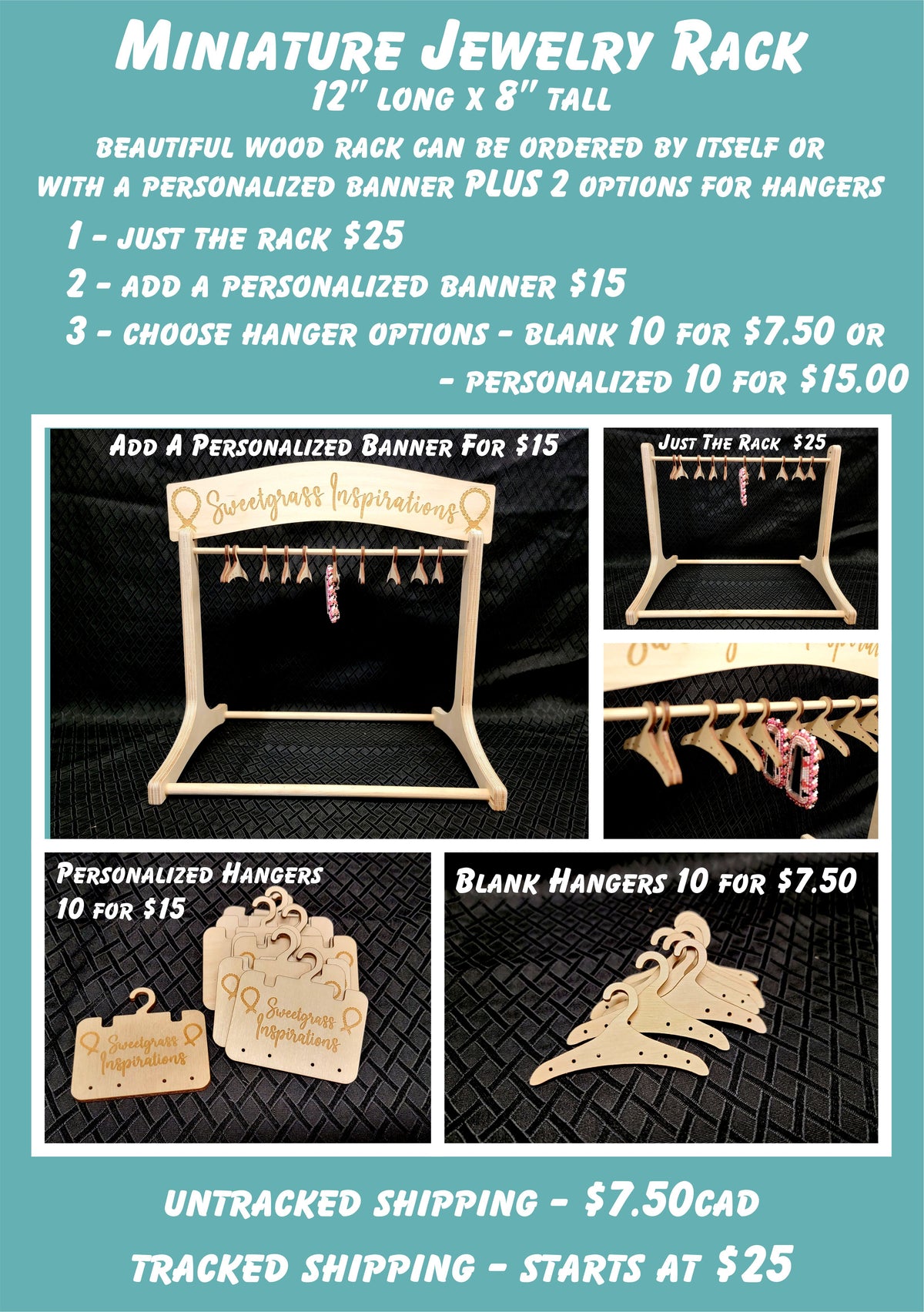 Wooden miniature jewelry rack with a banner and hangers, shown in a feature collage