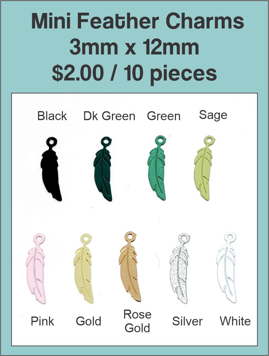 Chart of 3 x 12mm mini feather charms in black, dark green, green, sage, pink, gold, rose gold, silver and white