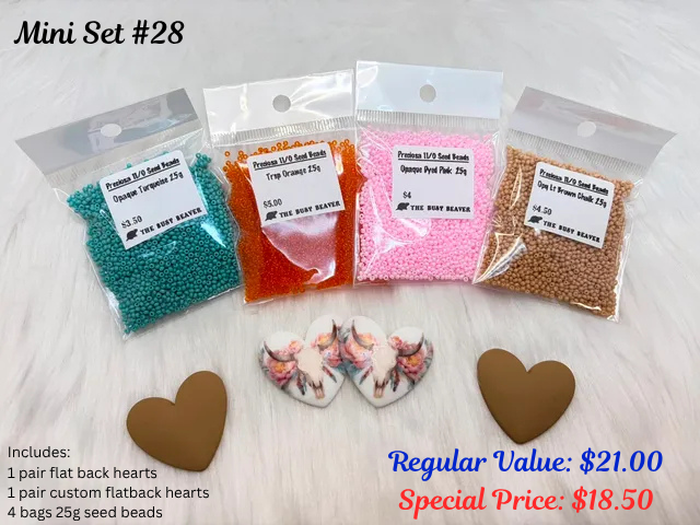 Mini set #28: brown hearts, a pair of steer skull hearts and four bags of teal, orange, pink and tan seed beads