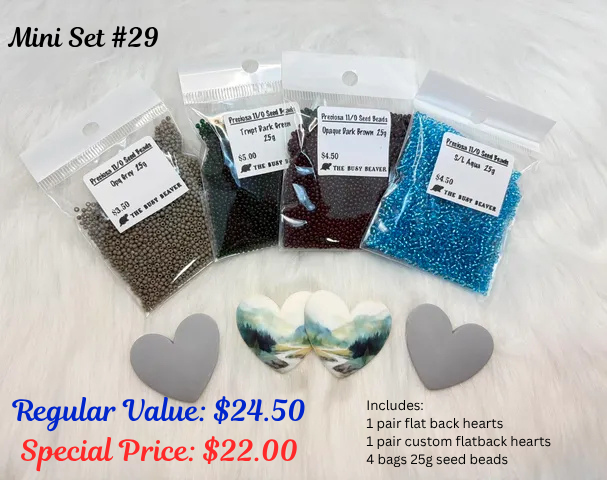 Mini set #29: grey hearts, a pair of landscape hearts and four bags of brown, black, dark red and blue seed beads