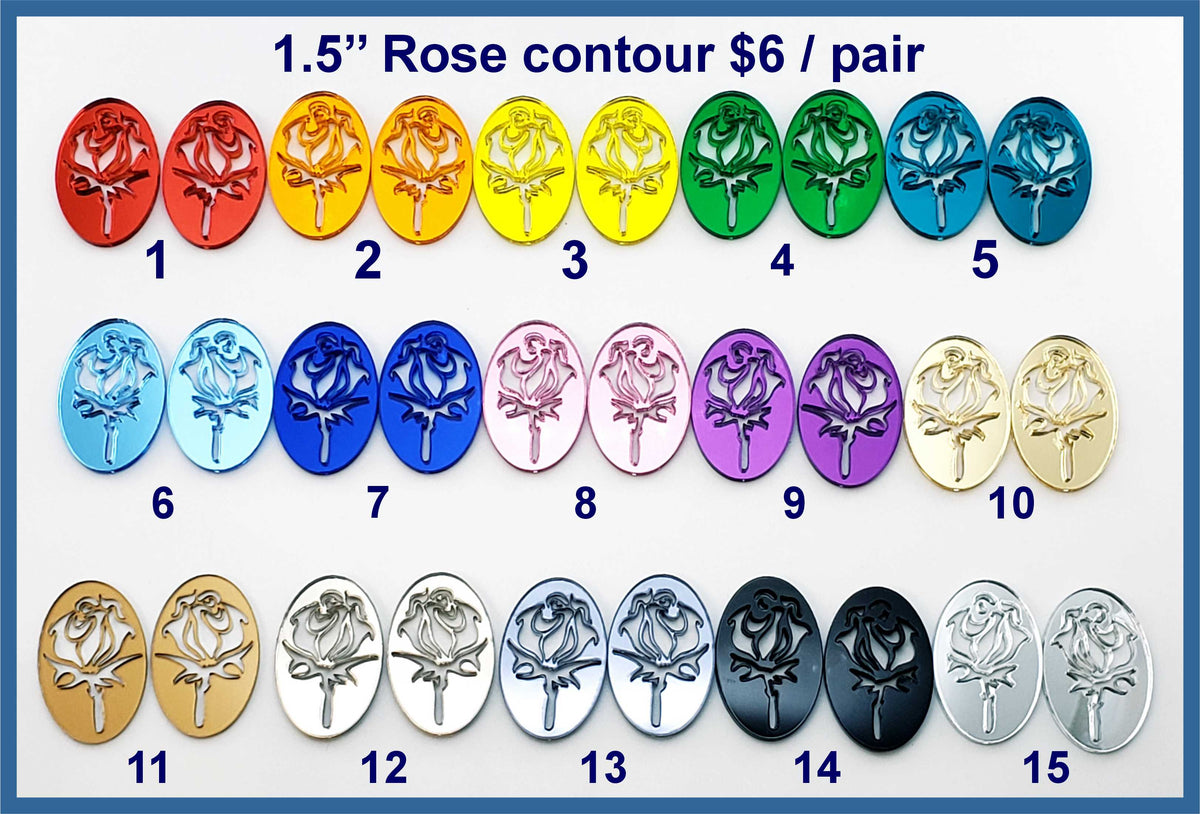Fifteen pairs of 1.5 inch contour-cut mirror acrylic oval rose cabochons (cabs) in rainbow and metallic colours