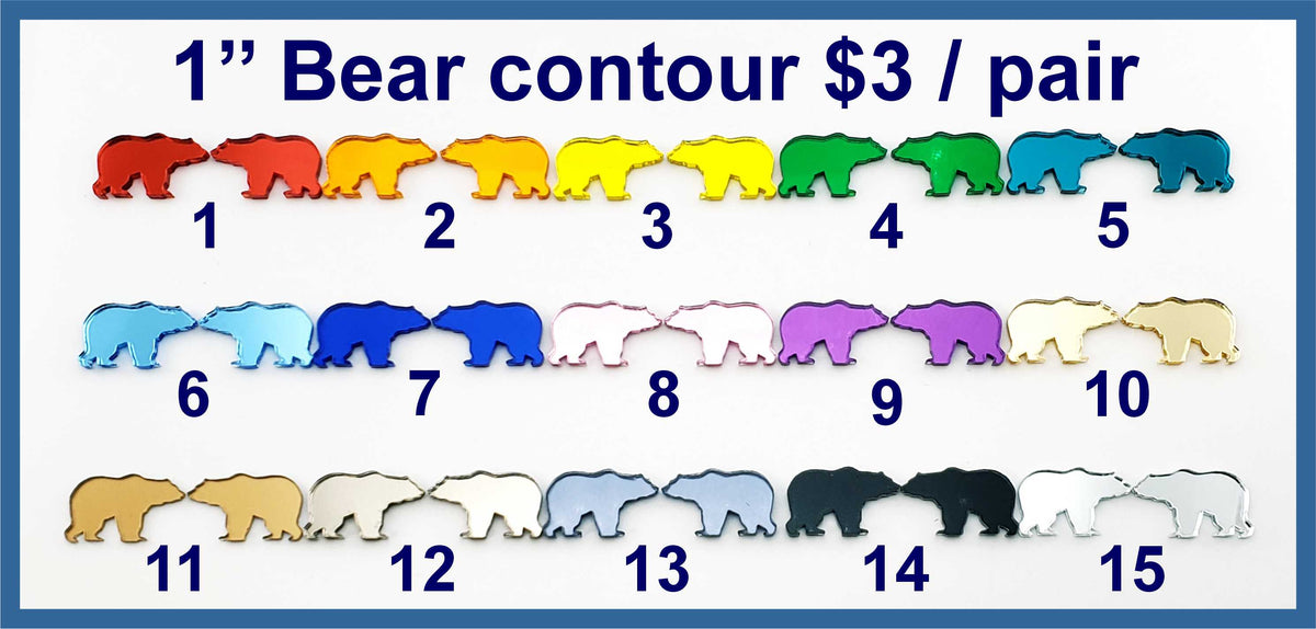 Fifteen pairs of 1 inch contour-cut mirror acrylic bear cabochons (cabs) in rainbow, pastel and metallic colours
