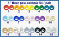 Fifteen pairs of 1 inch contour-cut mirror acrylic bear paw cabochons (cabs) in round frames, in 15 colours