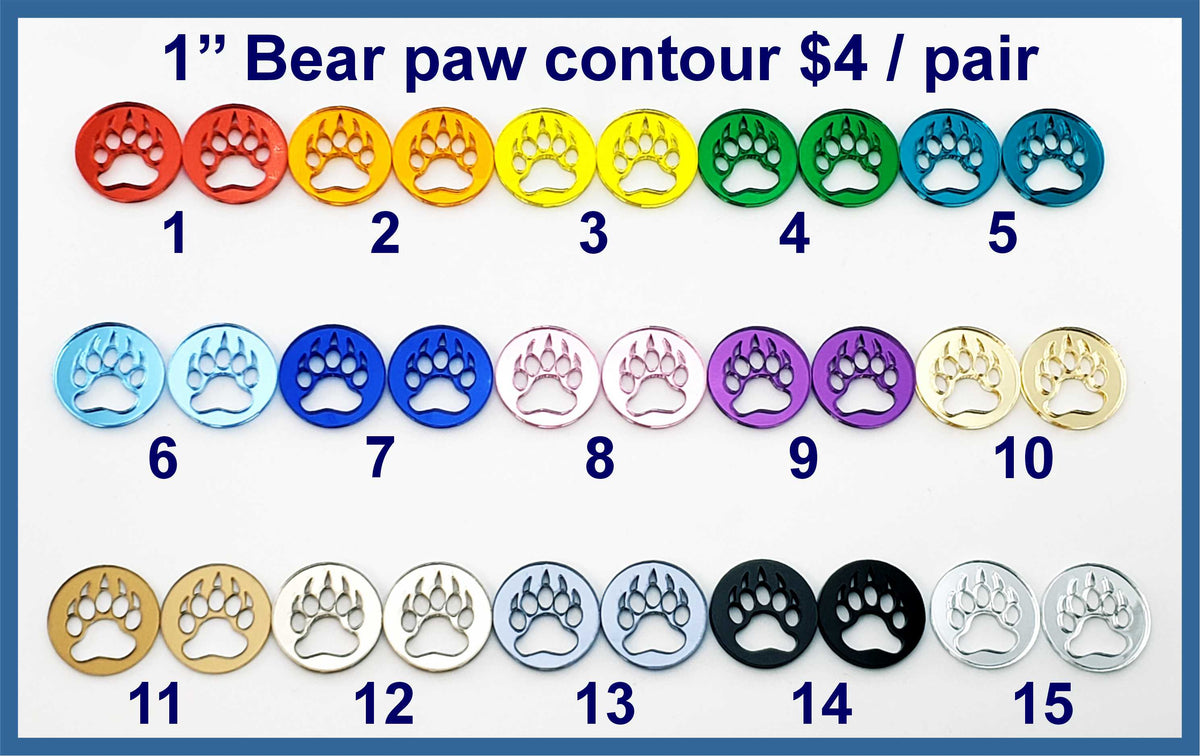 Fifteen pairs of 1 inch contour-cut mirror acrylic bear paw cabochons (cabs) in round frames, in 15 colours