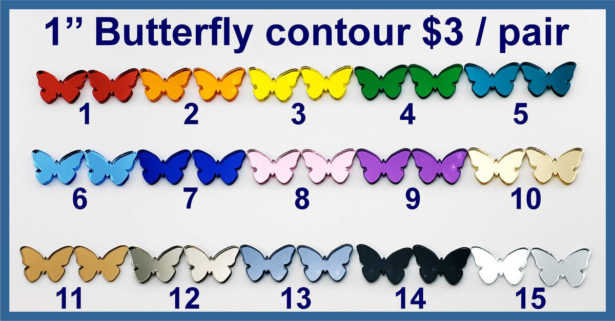 Fifteen pairs of 1 inch contour-cut mirror acrylic butterfly cabochons (cabs) in rainbow, pastel and metallic colours