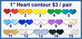 Fifteen pairs of 1 inch contour-cut mirror acrylic heart cabochons (cabs) in rainbow, pastel and metallic colours