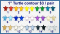 Fifteen pairs of 1 inch contour-cut mirror acrylic turtle cabochons (cabs) in rainbow, pastel and metallic colours