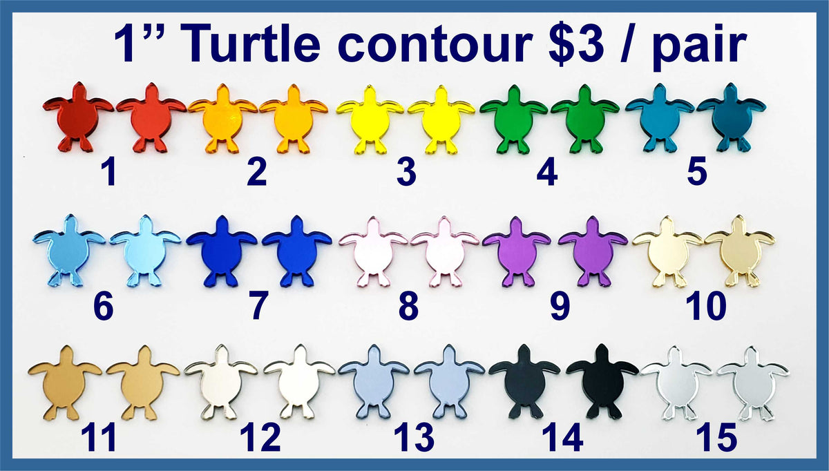 Fifteen pairs of 1 inch contour-cut mirror acrylic turtle cabochons (cabs) in rainbow, pastel and metallic colours