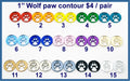 Fifteen pairs of 1 inch contour-cut mirror acrylic wolf paw cabochons (cabs) in round frames, in 15 colours