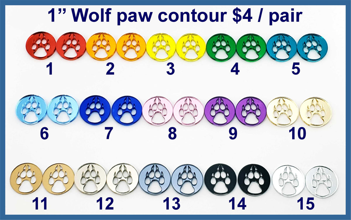 Fifteen pairs of 1 inch contour-cut mirror acrylic wolf paw cabochons (cabs) in round frames, in 15 colours