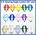 Fifteen pairs of 1.8 inch contour-cut mirror acrylic soaring eagle cabochons (cabs) in 15 colours