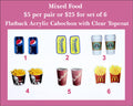 Six pairs of UV-printed acrylic cabochons (cabs) with soda can, energy drink, coffee cup, chicken bucket and fries designs