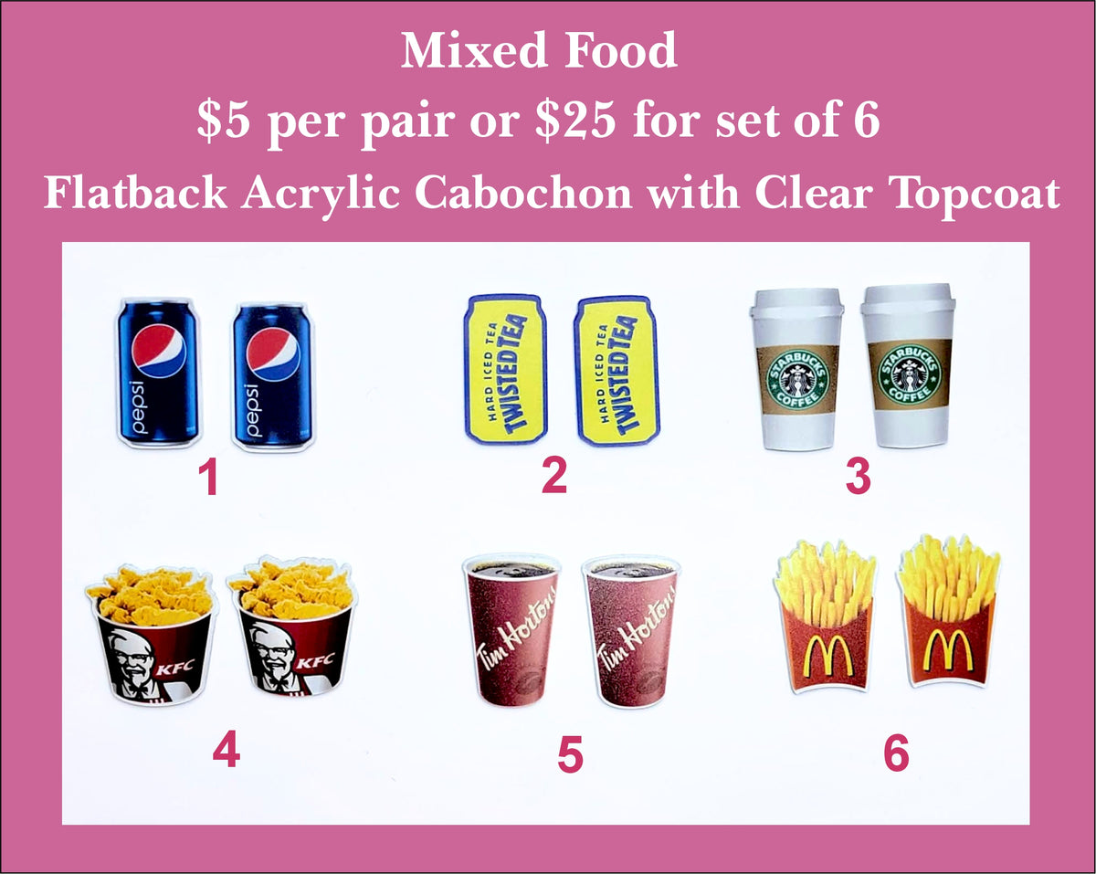 Six pairs of UV-printed acrylic cabochons (cabs) with soda can, energy drink, coffee cup, chicken bucket and fries designs