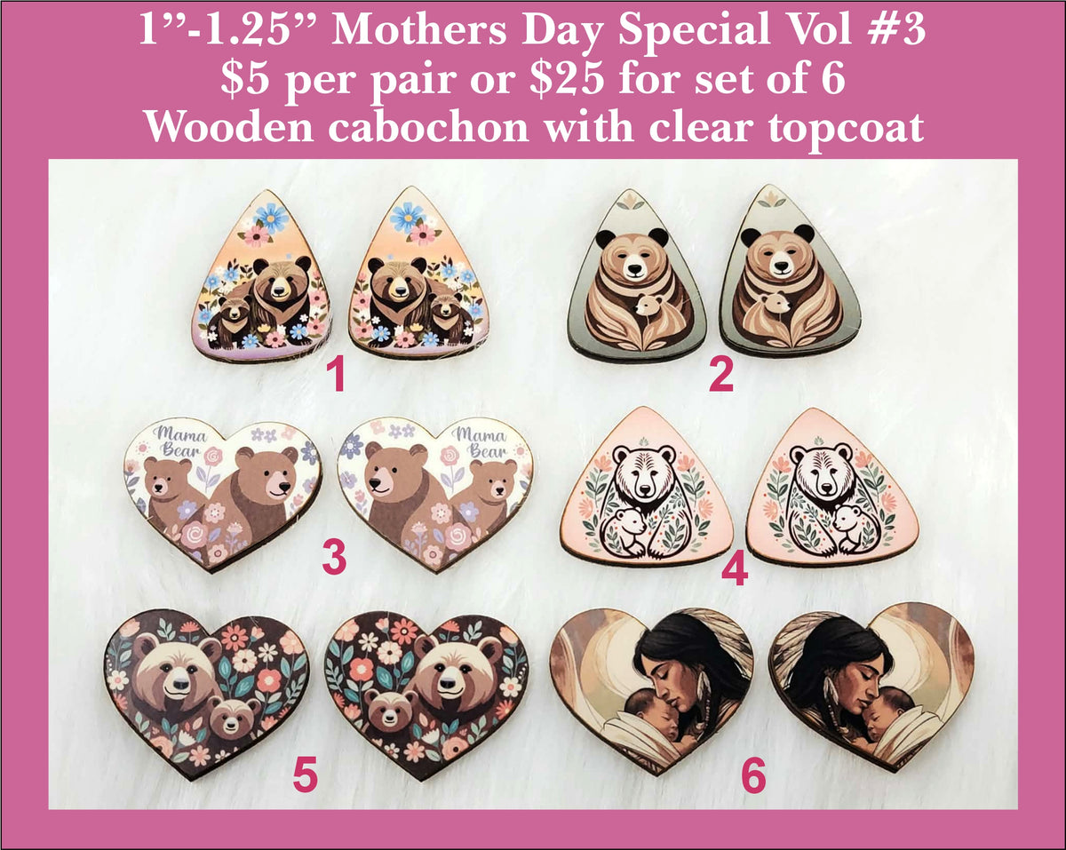 Six pairs of 1 to 1.25 inch Mother's Day cabochons (cabs) with bears, flowers and a mother and child