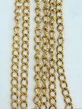 Hanging strands of 2 x 3mm gold stainless steel link chain against a white background